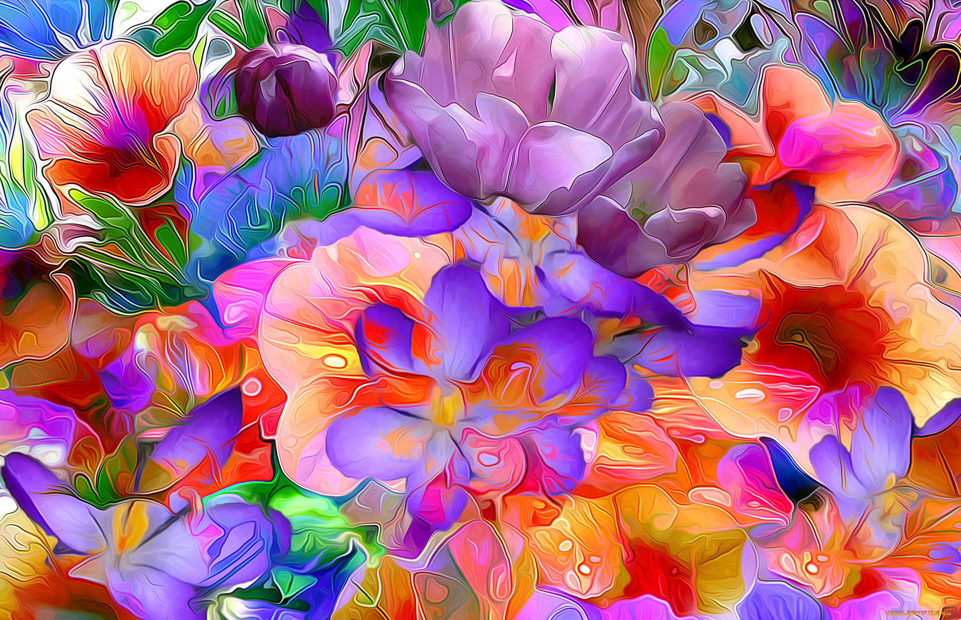 Цифровая цветная. Яркие цветы. Разноцветные цветы. Цветы абстракция. Красивые яркие цветы.